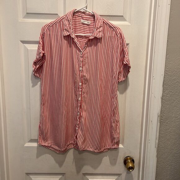 Beachlunchlounge Large Lightweight Oversized Red Striped Button Down Shirt‎ - Picture 1 of 6